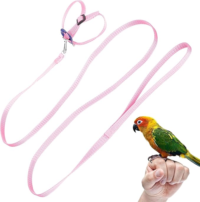 Bird Harness and Leash, 120cm Pet Parrots Adjustable Nylon Anti‑Bite Training Rope for Outdoor Flying Parrot Harness Leash Training Supplies for Parrots Alexandrine, Scarlet, Keck, Mini Macaw(Pink)