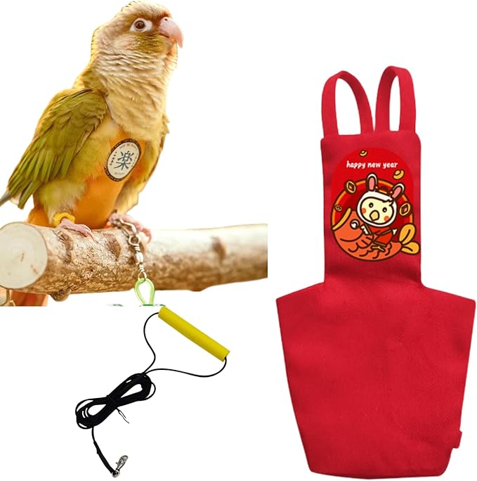 MANON ROSA Bird Diapers Leash Set Washable Reusable Handmade Flight Suit Waterproof Inner Layer - Protective Parrot Nappy Clothes Parakeets Macaws Budgies Canaries (Red2,Cockatiel)