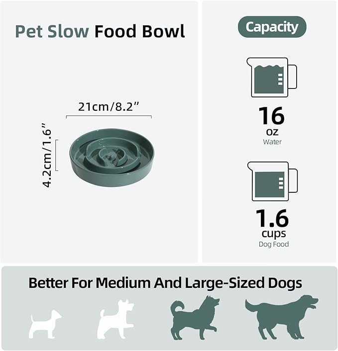 Havniva Ceramic 1.6 Cup Slow Feeder Dog Bowl for Medium and Large Breed, 8.2inch Puzzle Dog Food Dish, Anti-Gulping, Stop Bloat, Preventing Choking (Single Bowl-Dark Green)