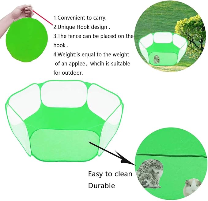 Small Animals Tent,Reptiles Cage,Breathable Transparent Pet Playpen Pop Open Outdoor/Indoor Exercise Fence,Portable Yard Fence (Cool Green)