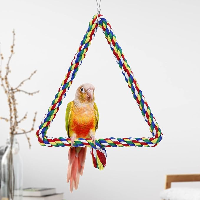 Bird Triangle Rope Swing Colorful Perch Chewing Toy for Parrots Budgie Parakeet Cockatiel Cockatoo (M)