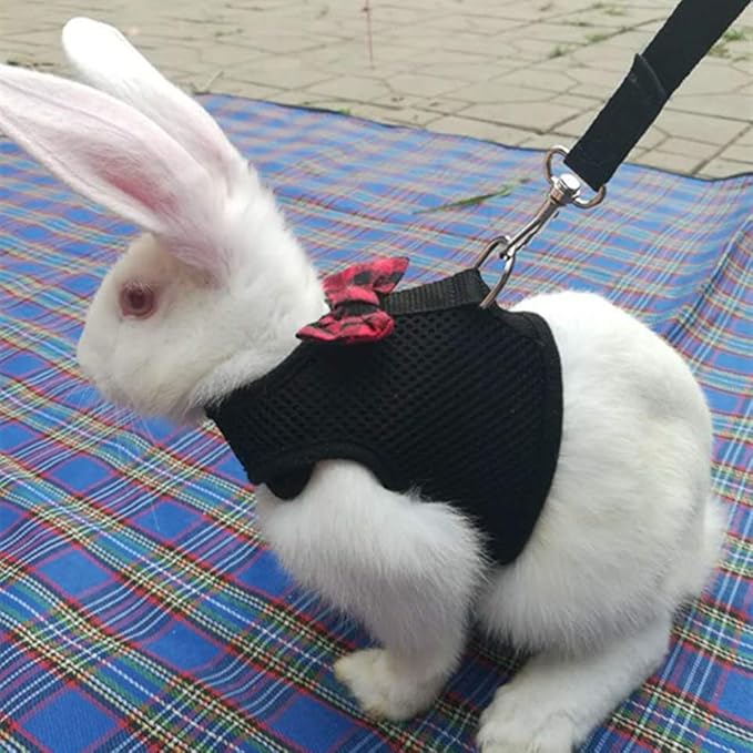 Rabbit Harness with Leash Adjustable Soft Mesh Vest Harness for Bunny Kitten Guinea Pig Rat (L, Black)
