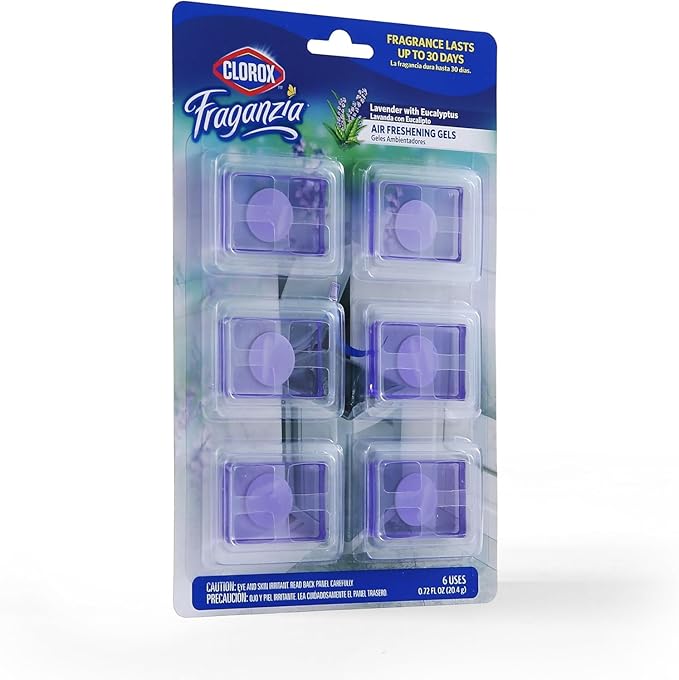 Clorox Fraganzia Stick-On Gel Fresheners, Lavender with Eucalyptus Trash Can Deodorizer Up to 30 Days Scent, Odor Absorber for Kitchen, Bathroom, Closet, No Plug or Batteries, 0.12 Fl Oz, 6 Ct - 12 Pk