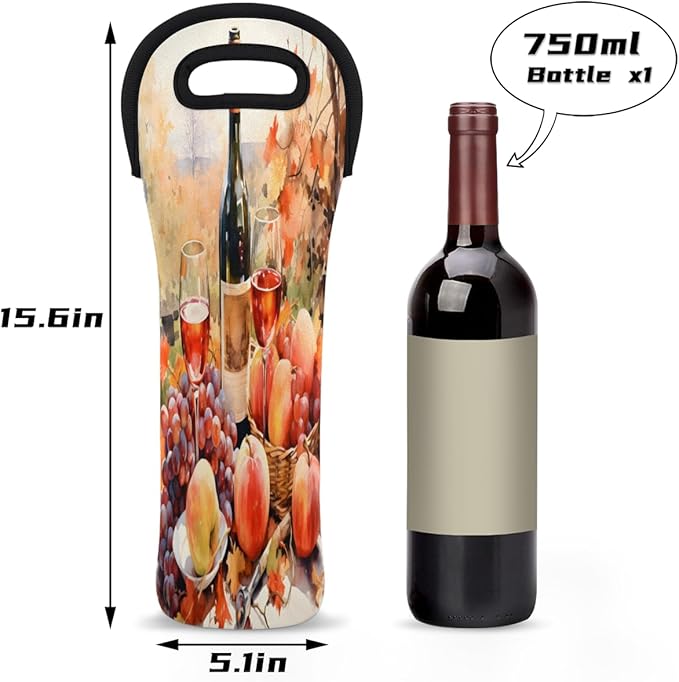 Grapes Wine Pattern Wine Bag Single Bottle Wine Tote Bag Neoprene Wine Carrier Bags with Carry Handle Portable Wine Bottle Holder for Travel Party Picnic