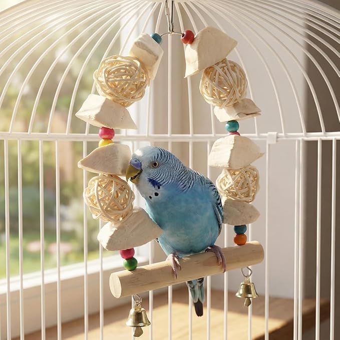 Natural Cuttlebone Bird Swing Toy with Wooden Perch & Wicker Balls – 2-in-1 Calcium Supplement & Chewing Station for Cockatiels, Budgies, Conures, Lovebirds – Safe Wood Beak Grinder Cage Accessory