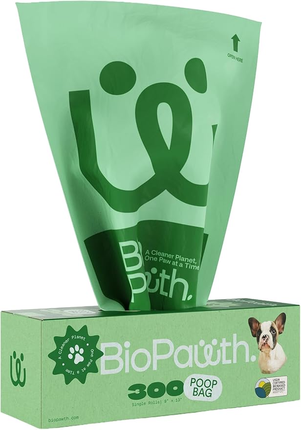 Dog Poop Bags, USDA Certified Biobased Product (42%), Extra Thick & Leak-Proof, Unscented, Single Roll Pet Waste Bag for Dogs & Cats, 300 Count
