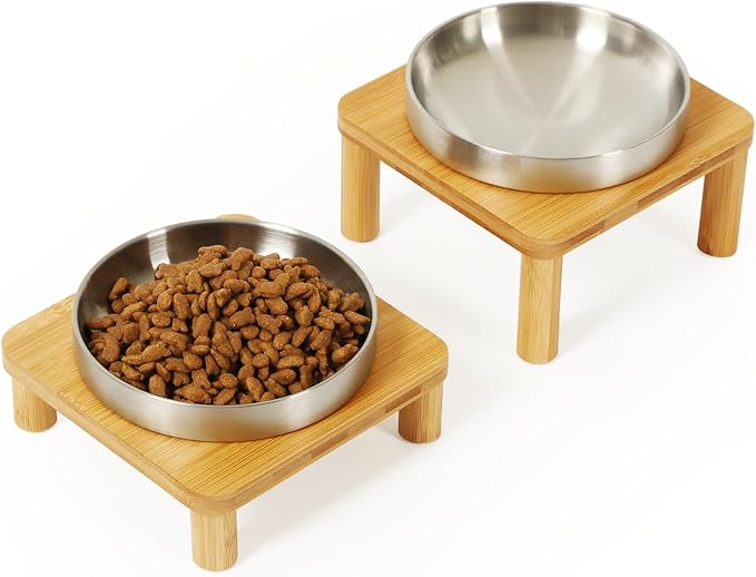 DoogCat Elevated Cat Bowls for Indoor Cats – Raised Bamboo Cat Bowl Stand with 5.5 Inch Wide Stainless Steel Dishes, Pet Food Table Plate for Easy Feeding, Whisker Friendly(Silver,Set of 2)