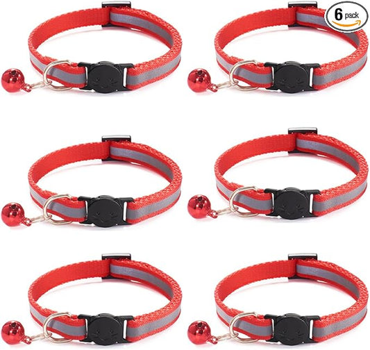 6 Pack Reflective Cat Collar with Bell, Breakaway and Safe Collars for Cats, Nylon, Pet Collar Mixed Colors Adjustable19-32cm (Red)
