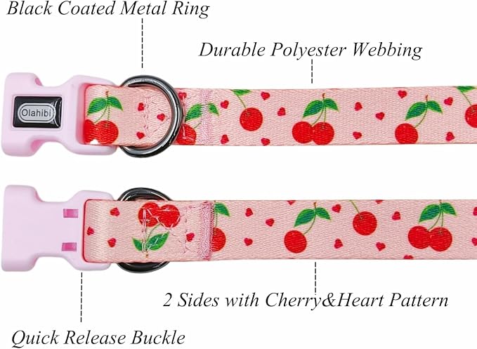 Dog Collar Leash Set, Fruit Pattern, Polyester Material, Adjustable Collar and 5ft Matching Leash, for Medium Dogs.(M, Pink Cherry)