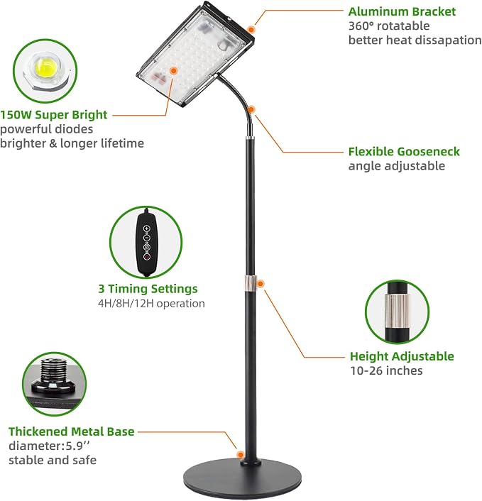 LBW Grow Light for Indoor Plants, Full Spectrum Desk LED Plant Light | 4H/8H/12H Auto Timer Small Grow Lamp, 6-Level Brightness, Height Adjustable, Flexible Gooseneck, Ideal for Indoor Growth