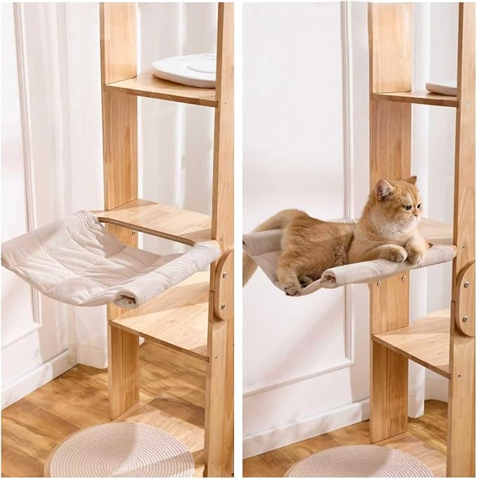 SHENGOCASE 72-Inch Modern Cat Tree Tower Condo for Large Cat, Natural Rubber Wood, Multi-Level Ladder with Hammock, Sisal Scratching Post, Large Perch Platform