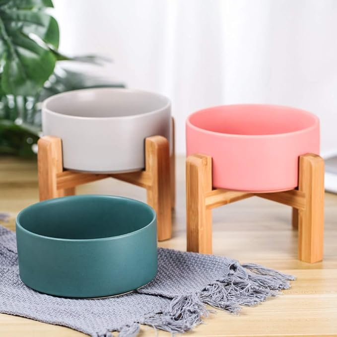 Green Ceramic Elevated Raised Cat Bowl with Wood Stand No Spill Pet Food Water Feeder Cats Small Dogs