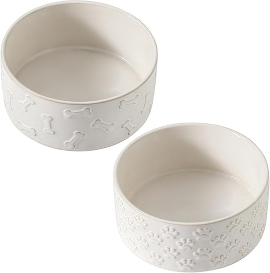 UBEE Ceramic Dog Bowl Set of 2, Dog Food Bowl Dish, Pet Food Water Dish Feeding for Small and Meidum Dogs and Large Cat, White, Paw + Bone Pattern, 6.1 in-Medium