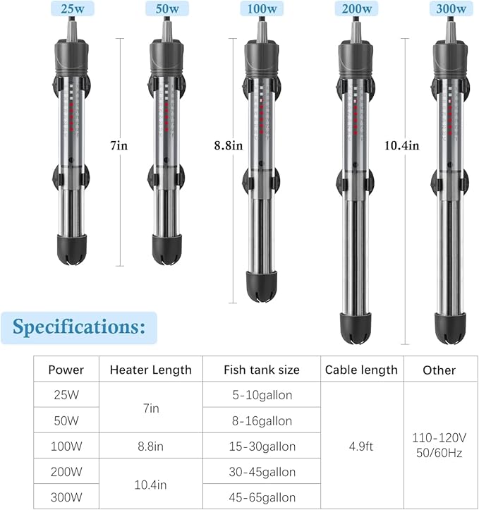HITOP 100W Adjustable Aquarium Heater, Submersible Fish Tank Heater Thermostat with Suction Cups for 10-30Gal