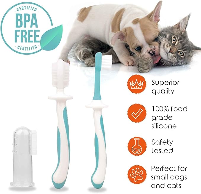 Cherish Pet Care Dog Teeth Cleaning Kit - 3pcs: Finger Toothbrush, Double-Sided Toothbrush, Fresh Breath & Plaque Removal