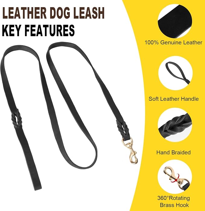 LWBMG 5FT Leather Dog Collar and Leash Set, Heavy Duty Dog Leash and Collar with Metal Buckle,Adjustable Pet Collar and Leash, Soft Pet Leash and Collar Set for Small Medium Dogs Black