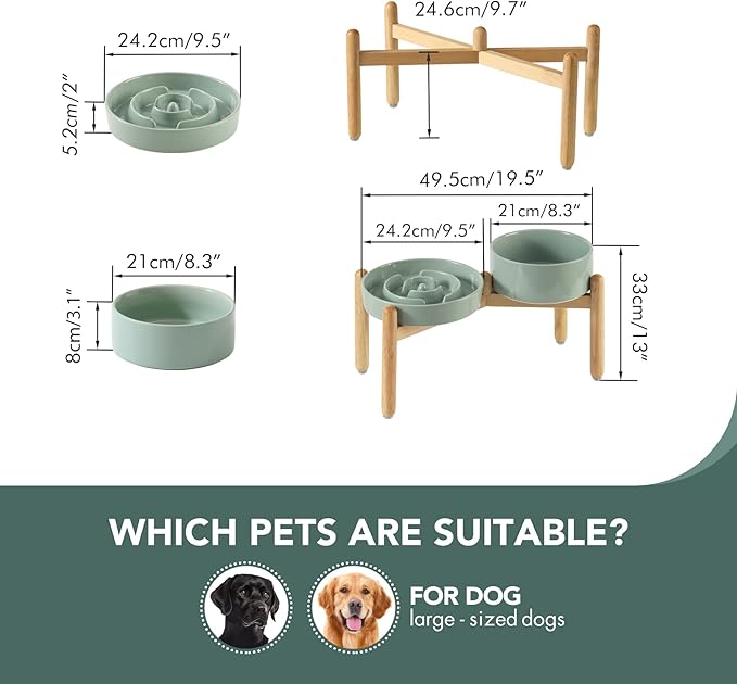 Havniva 3.2 Cup Ceramic Raised Slow Feeder Dog Bowl Set, Elevated 8.2inch Bowl and 9.5inch Puzzle Slow Food Dish with Wooden Stand for Large Dog, Anti-Gulping (2 x Light Green+ Stand)