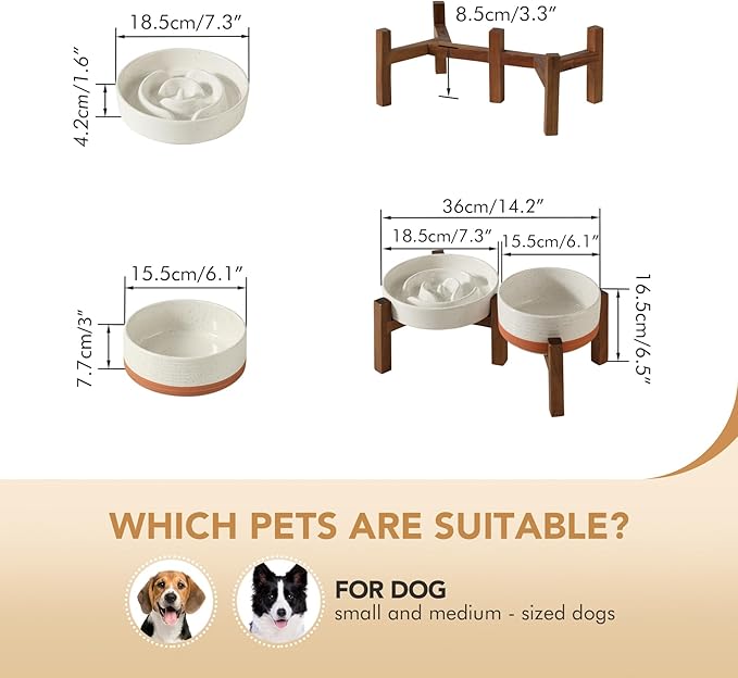 Havniva Elevated Slow Feeder Dog Bowls, 1.2 Cups/7.3 inch Slow Feeders + 6.1 inch Ceramic Dog Food & Water Bowls Set with Acacia Wood Stand Puzzle Bowls for Fast Eater, Small Dogs Anti-Choking