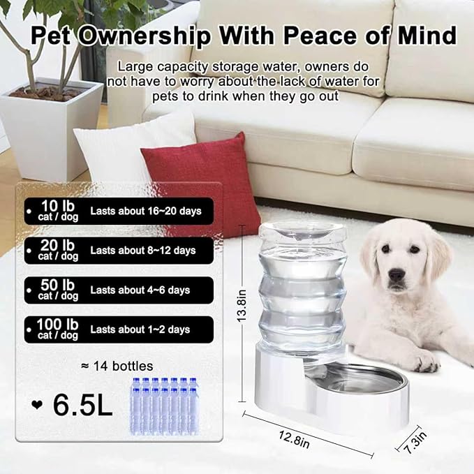 RIZZARI Automatic Gravity Pet Dispenser: Helps Prevent Urinary Stones - Activated Carbon Ion Exchange System - 6.5L Large Capacity Stainless Steel-Ideal for Cats & Small Dogs-All-Day Hydration at Home