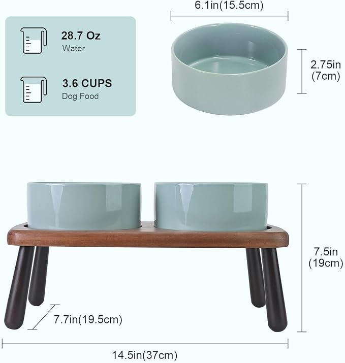 SPUNKYJUNKY Ceramic Elevated Dog Bowls Raised with Acacia Bamboo Wooden Stand, 6.1'' Dog Cat Food Water Bowls Set Non-Slip for Small Medium Sized Breed Microwave Dishwasher Safe - 28.7 OZ,Light Green