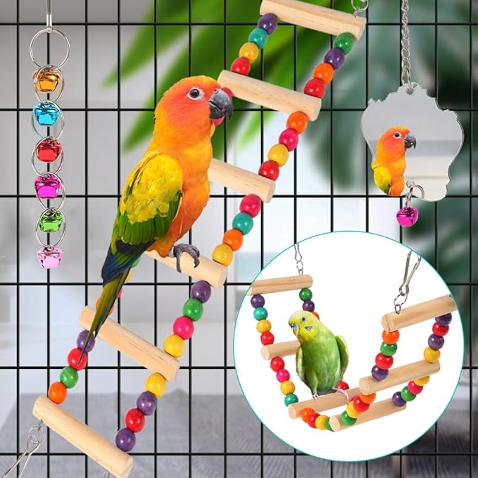 YIXUND Bird Toys for Parakeets, Parrots, Conures, Cockatiels, Love Birds, Finches, Mynah, Budgerigar - 9Pcs Wooden Ladder Bridge, Swing, Hammock, Cage Accessories