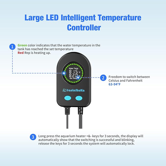 100W Submersible Fish Tank Heater for 10-20 Gallon with Auto Shut-Off When Leaving Water—Aquarium Heater, Dry-Burn & Overheat Protection, Smart LED Display for Betta Freshwater Saltwater