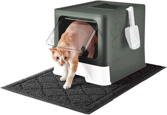 Medario Cat Litter Box with X-Large Litter Mat and Scoop, Large Covered Litter Box with Lid, Enclosed Kitty Box,Front Top Entry Exit, Odor Control Easy to Clean (Upgrade Olive Green)