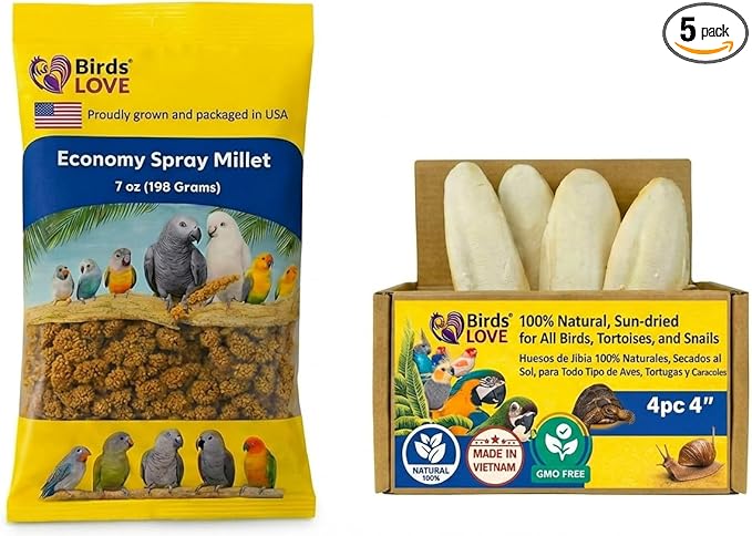 Farm to Feathers™ Economy & Thin Spray Millet with Cuttlebone Bundle – USA Grown Millet Sprays for All Birds, Cockatiels, Lovebirds, Parakeets, Finches – 7 Ounce (Pack of 1) + 4" Cuttlebone (4-Pack)