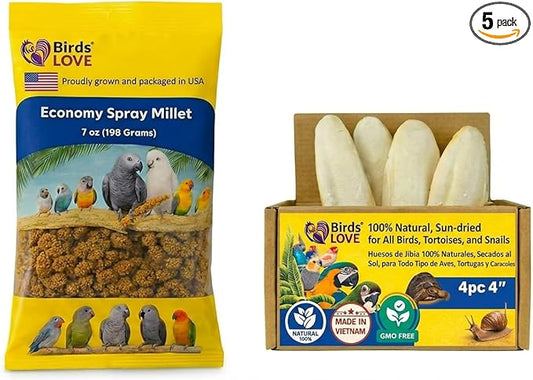 Farm to Feathers™ Economy & Thin Spray Millet with Cuttlebone Bundle – USA Grown Millet Sprays for All Birds, Cockatiels, Lovebirds, Parakeets, Finches – 7 Ounce (Pack of 1) + 4" Cuttlebone (4-Pack)