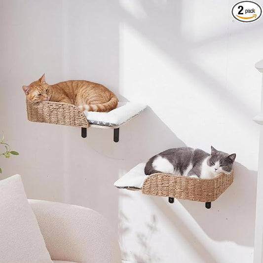 SHENGOCASE Modern Wall Mounted Cat Bed Perch with Handwoven Guardrail, 2-Pack, Wooden Shelves with Washable Pillow Cushions, Wall Furniture Set