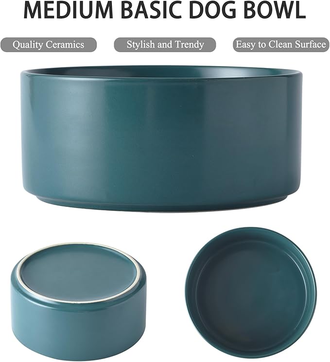 Ceramic Set of 2 Dog Bowls - Classic Dogs Food & Water Bowl for Small and Medium Breed, Heavy-Duty Non-Slip Dog Dishes, Food Grade Pet Bowl, Dishwasher & Microwave Safe (6'', 2*30OZ, Green)