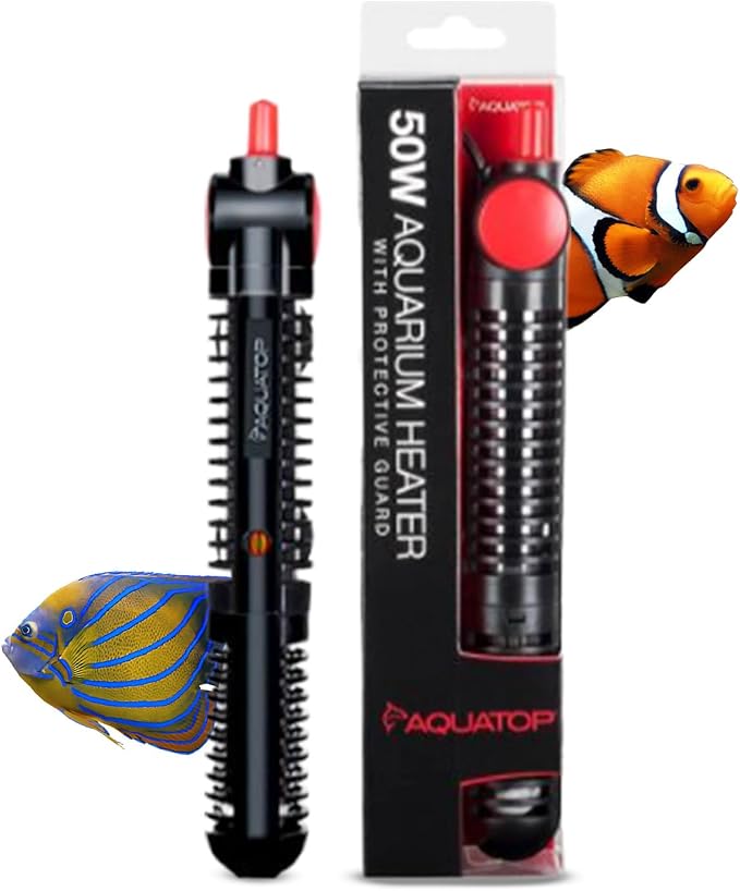 Aquatop 50W Premier Glass Heater with Guard – Submersible for Fish Tanks Up to 13 Gallons – 68-93°F Adjustable Temp – Fresh & Saltwater Use