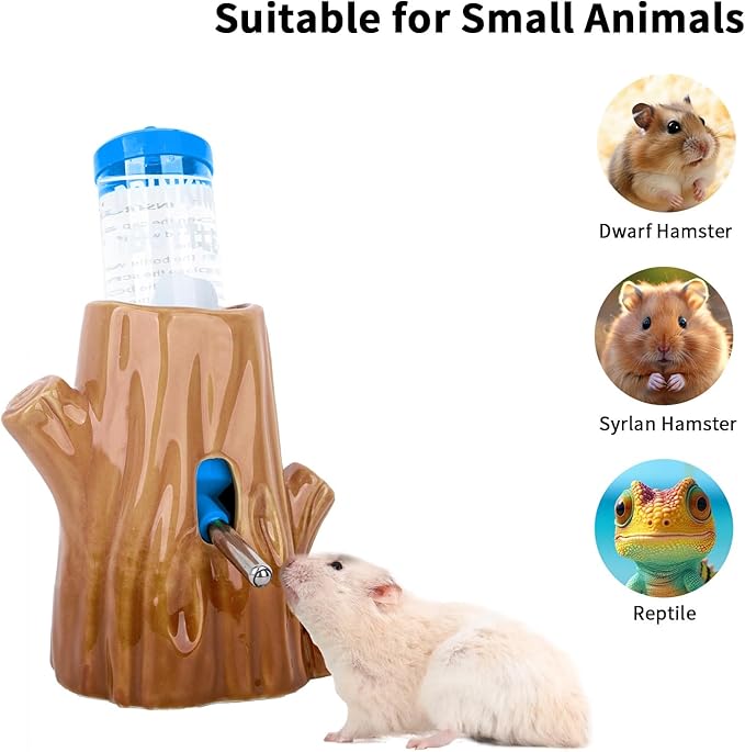 Stump-Shaped Ceramic Hamster Water Bottle - Leak Proof Small Animal Waterer with Bracket, 4.27oz(125ML) for Syrian Dwarf Hamster, Mice, Chinchillas (Brown+Blue, Middle Size)