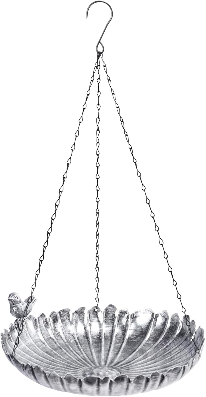 MUMTOP Hanging Bird Baths for Outdoors - Metal Bird Bath, 11.6 Inch Flower Shape Birdbath Bird Feeder Bowl for Outside, Garden, Lawn Yard Decor(Silver)
