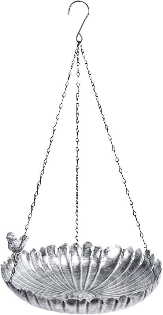 MUMTOP Hanging Bird Baths for Outdoors - Metal Bird Bath, 11.6 Inch Flower Shape Birdbath Bird Feeder Bowl for Outside, Garden, Lawn Yard Decor(Silver)