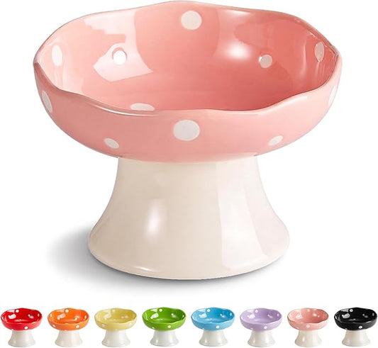 Ceramic Raised Cat Bowl, Mushroom Shaped Tilted Feeding Dish, Whisker Friendly Wide Design, Dishwasher Safe for Indoor Cats
