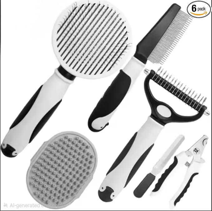 Dog Grooming Kit for Dogs at Home, 6-in-1 Pet Grooming Kit with Slicker Brush, Dematting Tool, Stainless Steel Comb, Nail Clipper for Dogs, Nail File & Bath Massage Glove