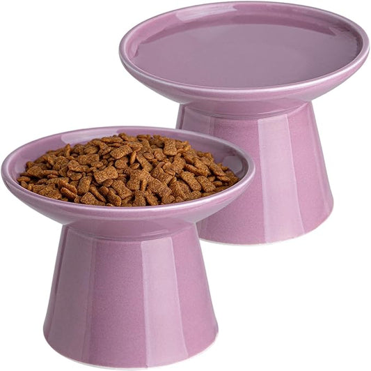 6.2 Inch Extra Wide Elevated Ceramic Cat Bowls, Food and Water Bowl Set for Elder Big Cats Small Dogs, Raised Design for Pet Easy Eating, Protect Cat's Spine Set of 2(Dark Purple)