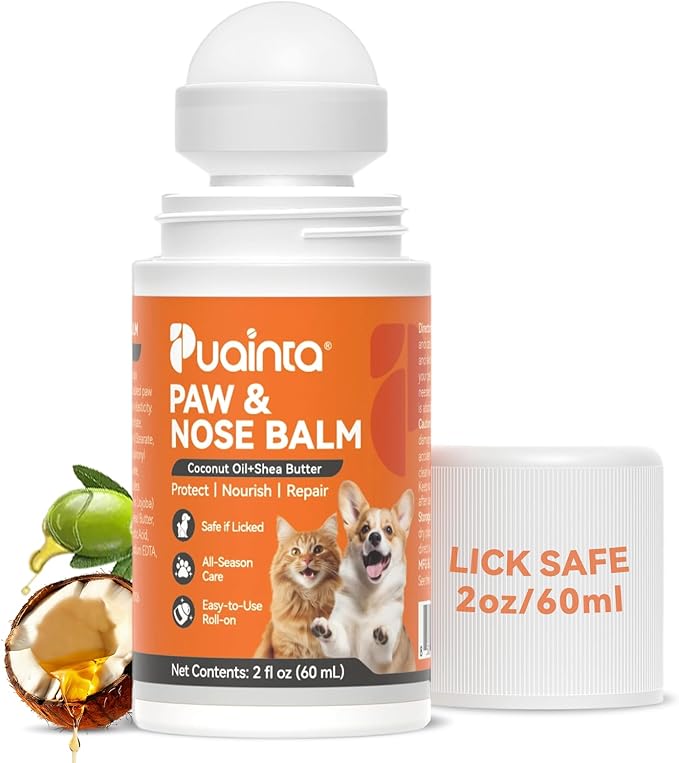 PUAINTA Lick-Safe Dog Paw & Nose Balm with Mess-Free Roller Ball - Safety Cap, Fast-Absorbing Protector for Winter Snow, Salt & Hot Pavement - Unscented Snout Soother - 2oz