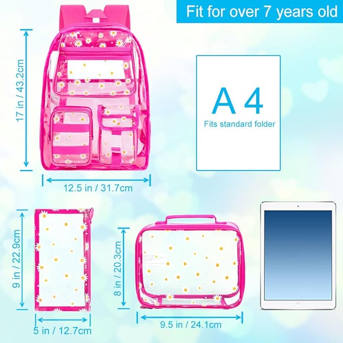 CCJPX 3Pcs Clear Backpack for Girls, School Transparent Bookbag, Heavy Duty See Through Backpacks for Teens Elementary