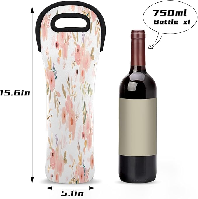 Rose Flower Floral Wine Bag Single Bottle Wine Tote Bag Neoprene Wine Carrier Bags with Carry Handle Portable Wine Bottle Holder for Travel Party Picnic