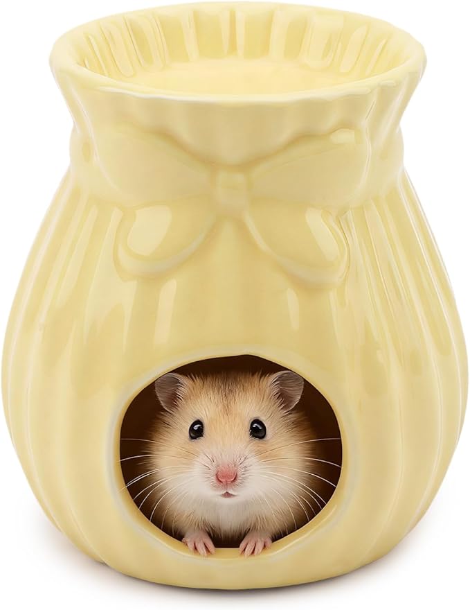 Hypeety Ceramic Hamster Hideout Habitat House for Small Animals Gerbil Dwarf Hamster Mice Cool House for All Season Cute Decor Hut (Yellow)