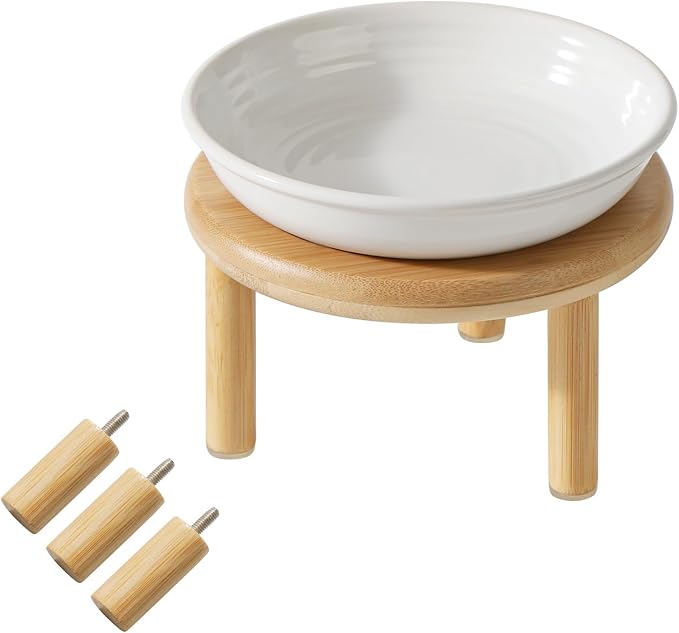 Havniva Elevated Cat Bowls Raised Ceramic Cat Bowl, 5.7” Wide Opening Cat Food Bowl Whisker Friendly Cat Dish Anti-Slip with Bamboo Stand, Shallow Pet Food & Water Bowl for Indoor Cats