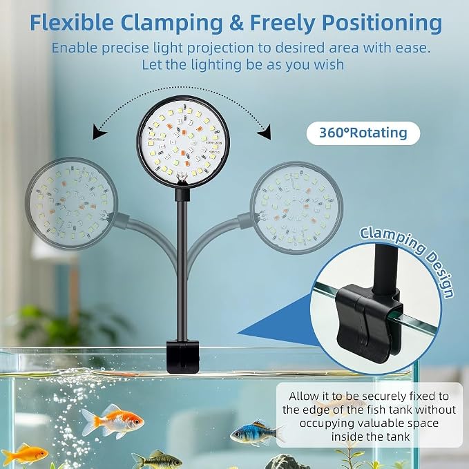 Clip on Aquarium Light Mini Fish Tank Light Timing USB Moving Lamp with Dimmable 3 Modes for 1 to 5 Gallon Nano Tanks