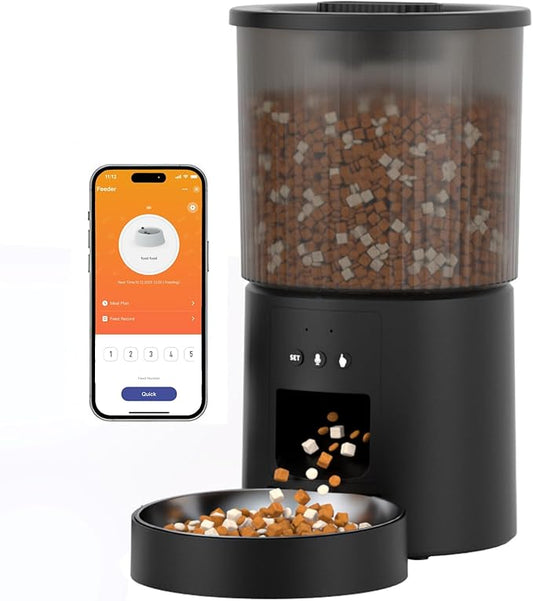 Automatic Cat Feeder, 2.4GHz WiFi Automatic Dog Food Dispenser, Fresh Protection, 4.5L Timer Feeder, Personalized Recording 10 Seconds, Easy to Clean, Stainless Steel Bowl (Single/Black)