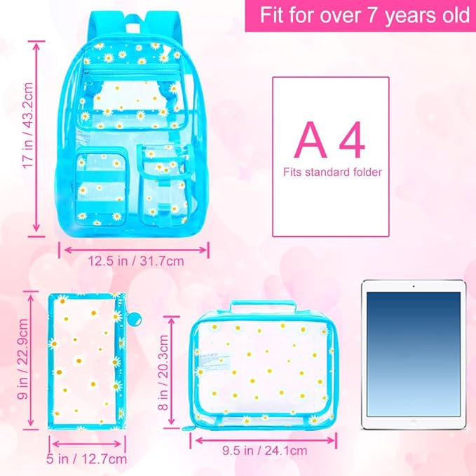 CCJPX 3Pcs Clear Backpack for Girls, School Transparent Bookbag, Heavy Duty See Through Backpacks for Teens Elementary