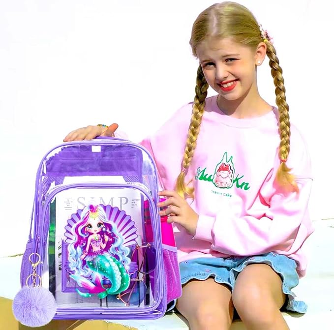 AGSDON 3PCS Clear Backpack for Girls, Kids Mermaid Transparent Bookbag Heavy Duty, Cute See Through Backpacks with Lunch Bag - Purple