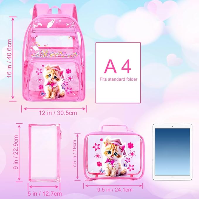 Clear Backpack for Girls and Boys, Kids Transparent Bookbag, 3PCS Cute See Through School Bag for Elementary Prechool