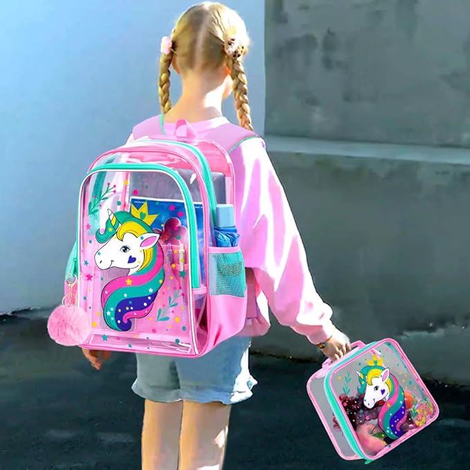 AGSDON 3PCS Clear Backpack for Girls, Kids Unicorn Transparent Backpack with Heavy Duty PVC, See Through Backpacks with Lunch Bag- Pink Unicorn