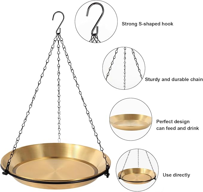 HRAYLTOP Hanging Bird Bath Bird Feeder Bowl with 16.3 inch Iron Hanging Chain Detachable Outdoor Decor for Garden Backyard Patio and Deck - Perfect for Attracting Birds